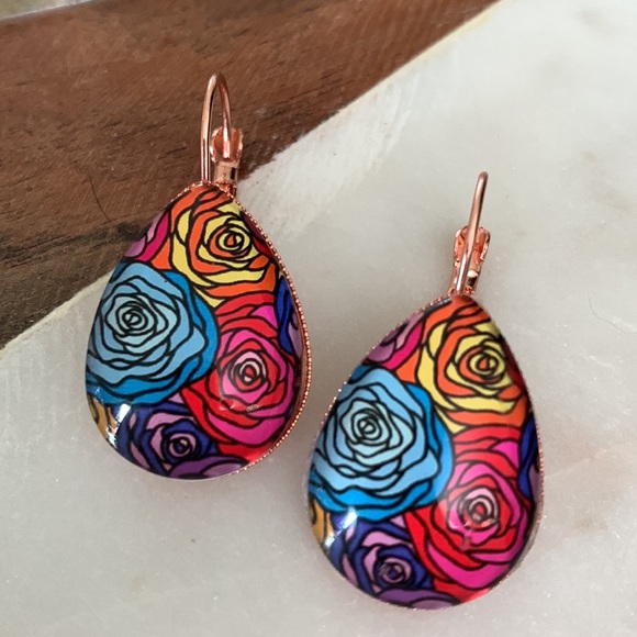 Colorful Roses Teardrop Earrings - Picture 1 of 2
